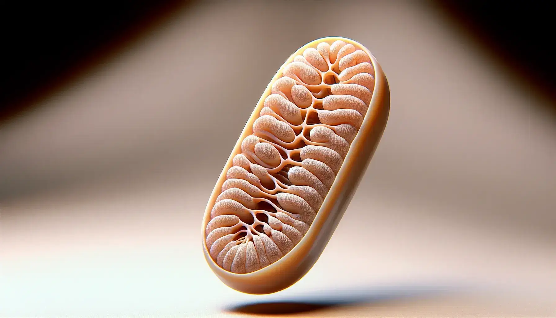 Detailed and realistic 3D model of a mitochondrion on a neutral background, with a pale pink external membrane and red internal cristae.