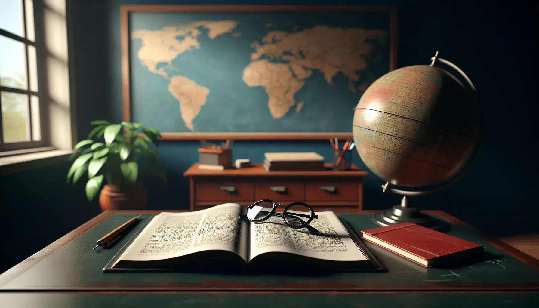 Classroom with a teacher's desk, open textbook, eyeglasses, red notebook, clean chalkboard, globe, potted plant, and an empty navy blue chair.