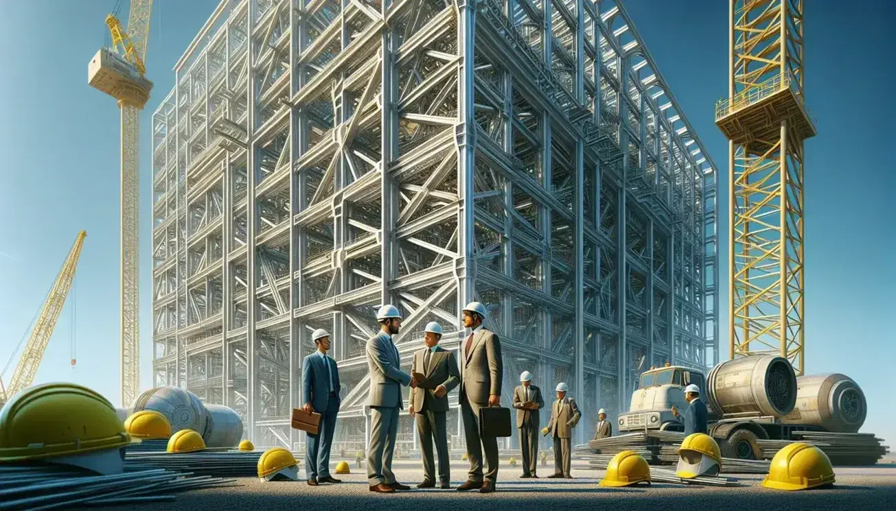 Grupo de cinco personas con cascos de seguridad frente a estructura de acero en construcción bajo cielo despejado, intercambiando un apretón de manos.