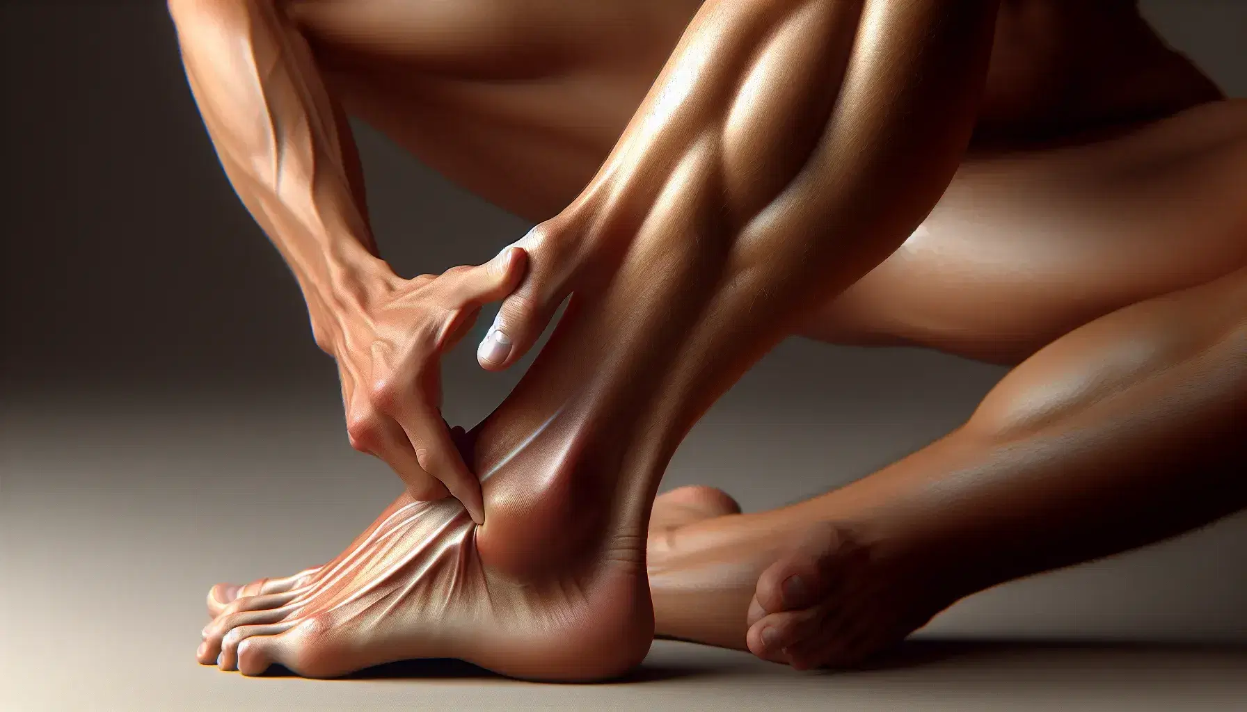 Mano realizando prueba de reflejo patelar en rodilla con piel más oscura, mostrando ligera contracción muscular en entorno neutro.