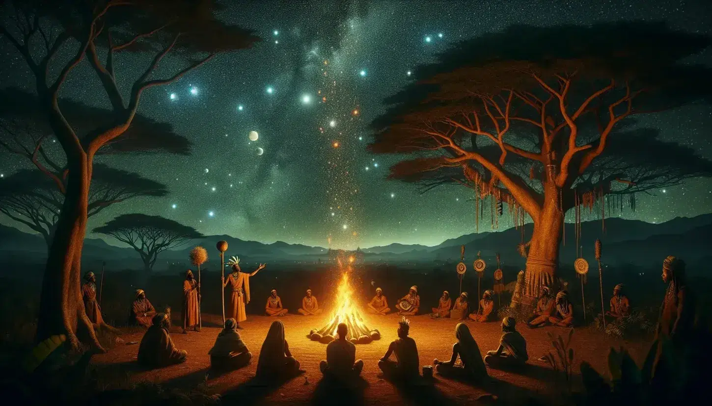 Escena nocturna con cielo estrellado, fogata central y cinco personas sentadas en círculo, vestidas con túnicas y un hombre de pie narrando historias.