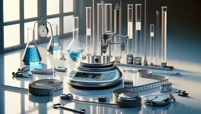 Strumentazione scientifica in laboratorio con bilancia analitica di precisione, cronometro digitale, metro a nastro, cilindro graduato con liquido blu e dinamometro.