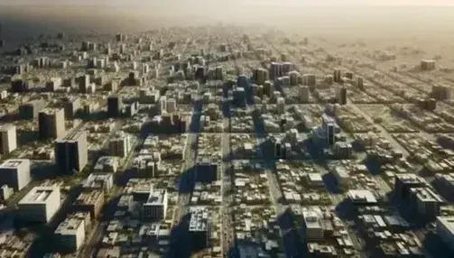 Vista aérea de ciudad densamente poblada con edificios de diversos tamaños y colores, calles con vehículos, áreas verdes y montañas al fondo bajo cielo despejado.