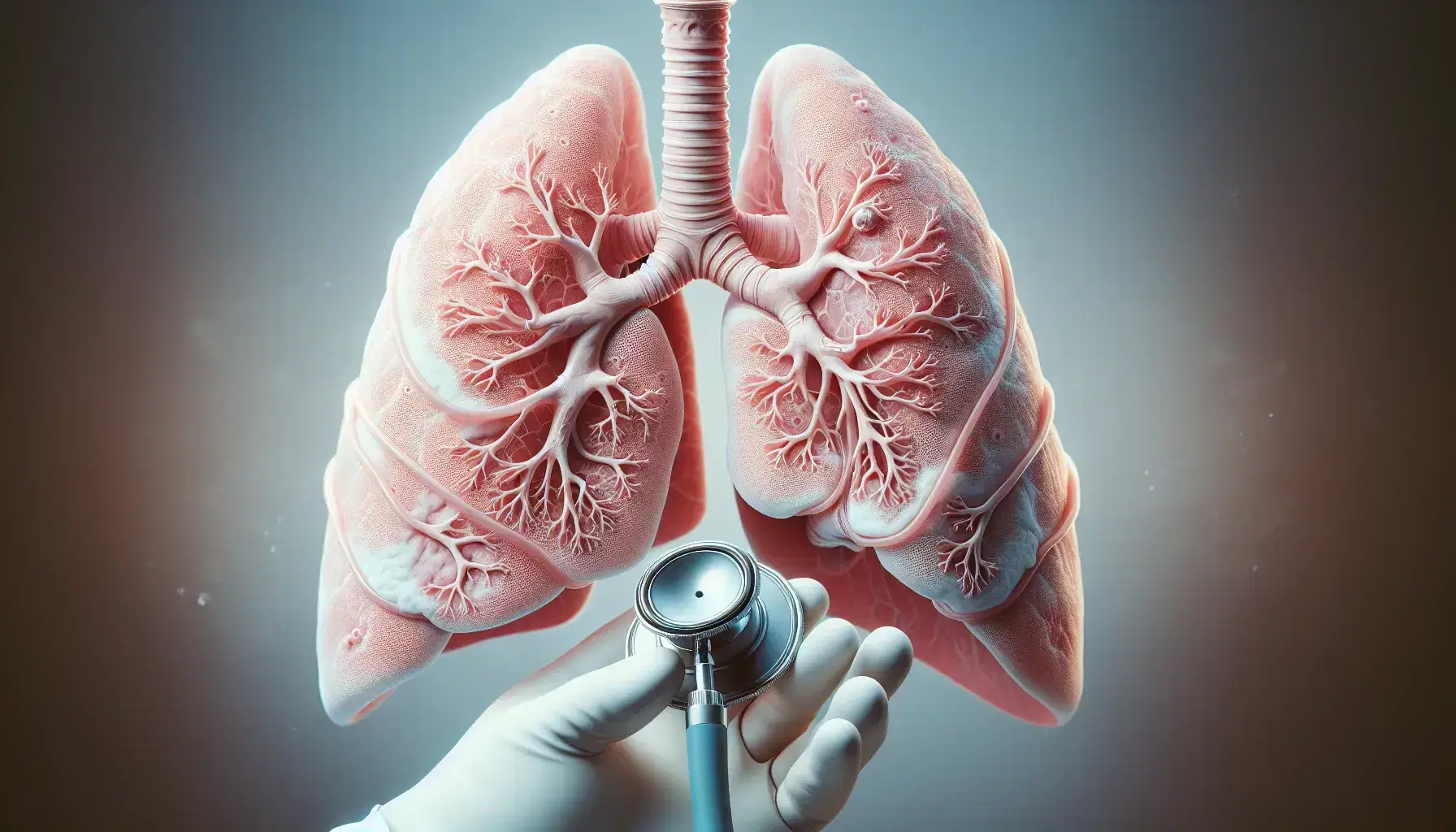 Polmone umano dettagliato con bronchi e alveoli, stetoscopio posizionato per auscultazione in ambiente clinico, sfondo neutro.