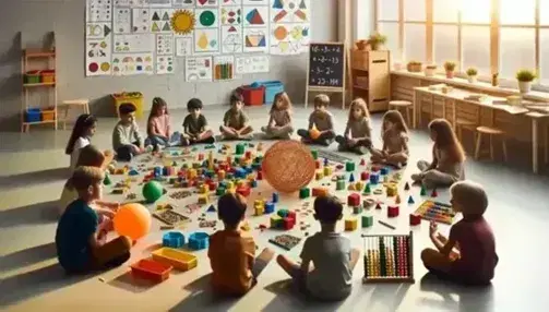 Niños sentados en semicírculo en aula con bloques de construcción y figuras geométricas, interactuando con materiales educativos de matemáticas bajo luz natural.