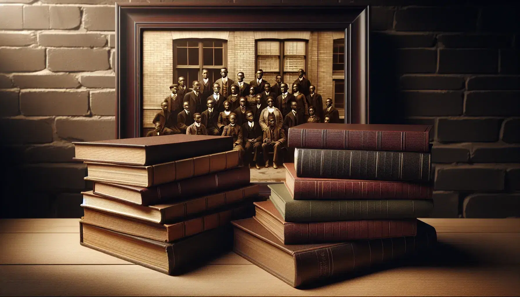 Stack of hardcover books on a wooden table with an open book on top, behind which stands a sepia photograph of a mid-20th-century African American family.