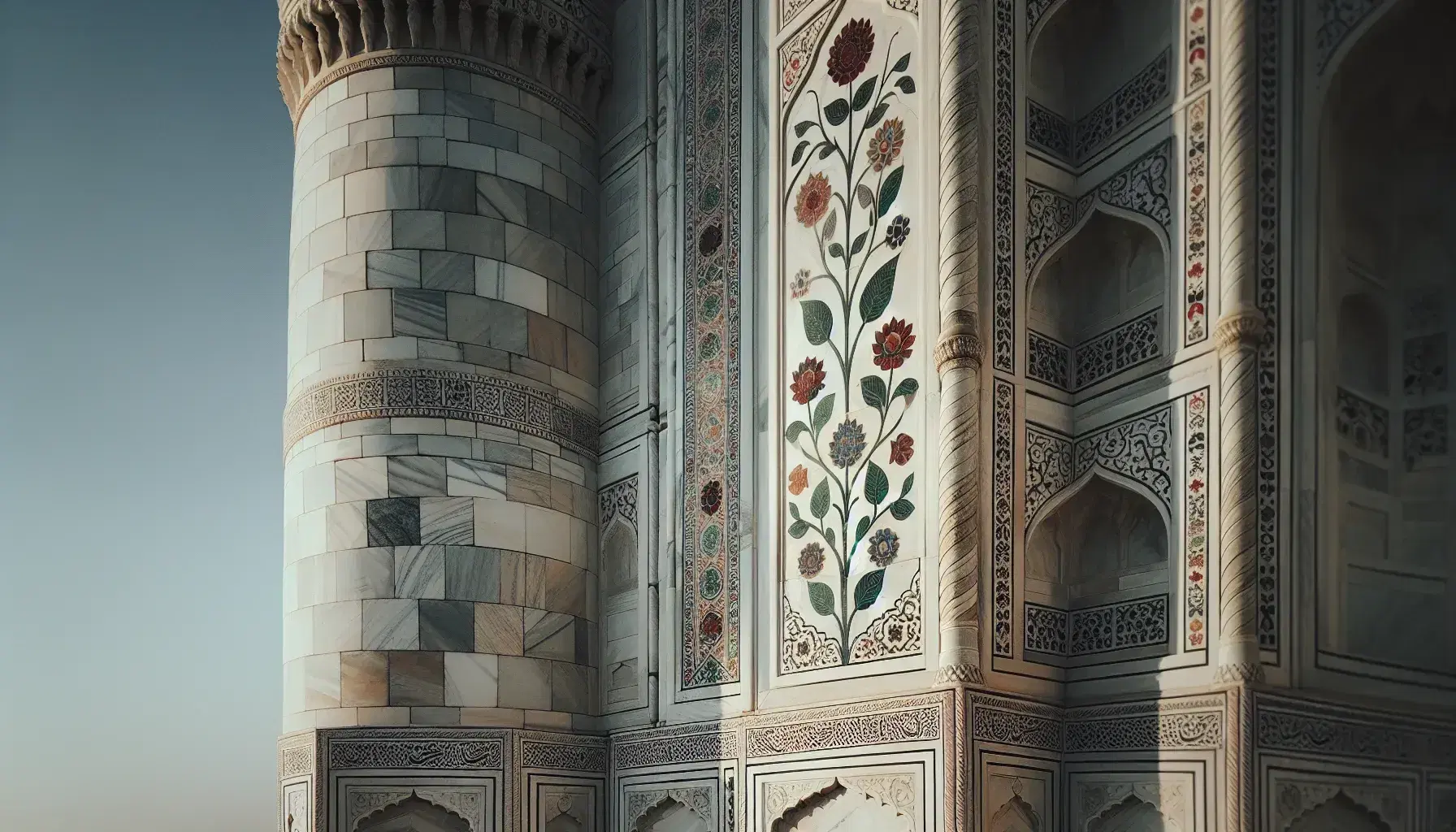 Detailed view of Taj Mahal's marble inlay and carvings with a minaret base against a clear blue sky, showcasing the artistry of Mughal architecture.