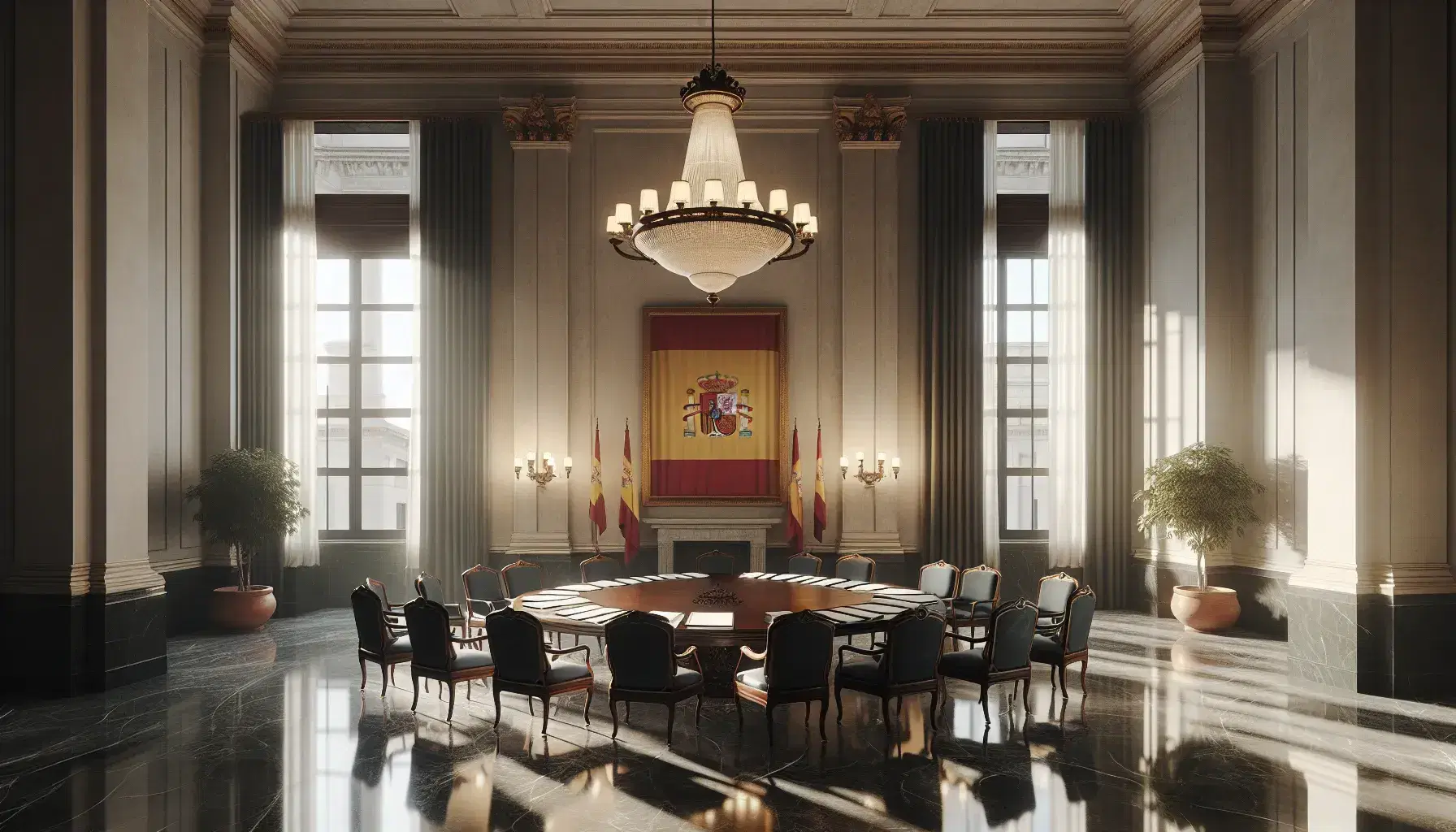 Sala solemne con mesa ovalada de madera, sillas tapizadas en rojo, documentos, bandera de España sin escudo y planta verde, iluminada por un candelabro y luz natural.
