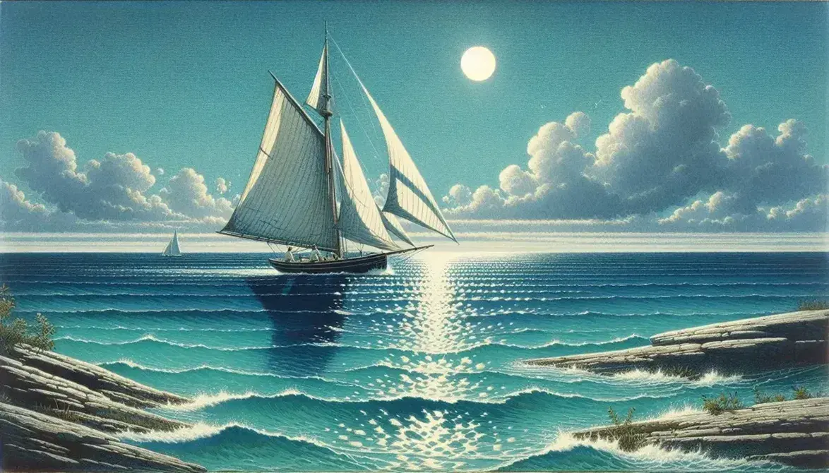 Vela bianca spiegata su piccola barca a vela in mare cristallino con sfumature di blu, cielo sereno e litorale roccioso.