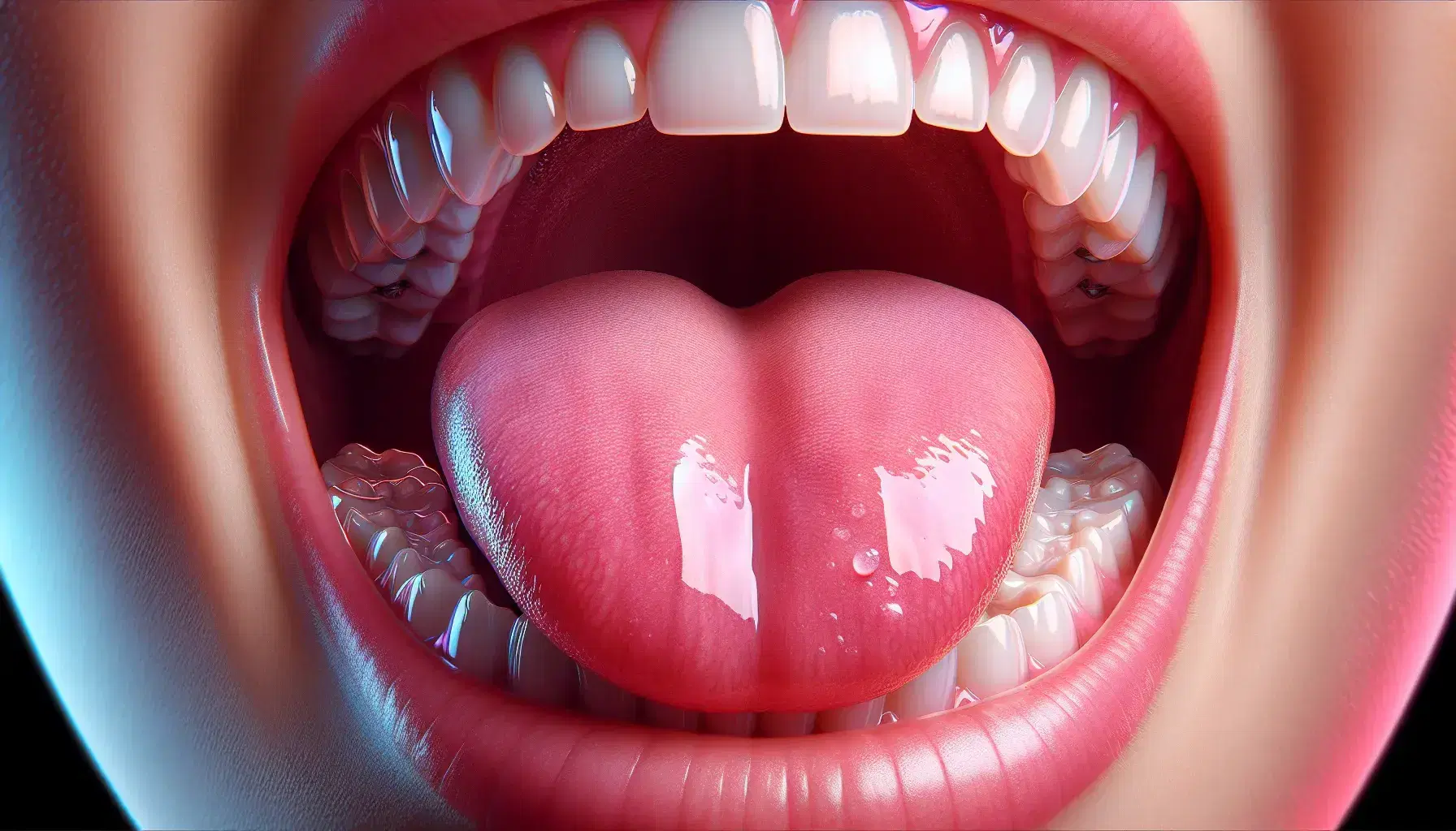 Primer plano de una boca abierta mostrando una lengua rosada y sana, dientes blancos y alineados, y encías firmes sin inflamación.