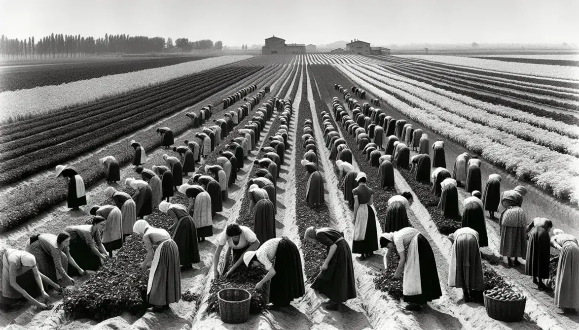 Donne italiane degli anni '30 al lavoro nei campi agricoli, raccolta prodotti con abiti d'epoca e foulard, paesaggio rurale sullo sfondo.