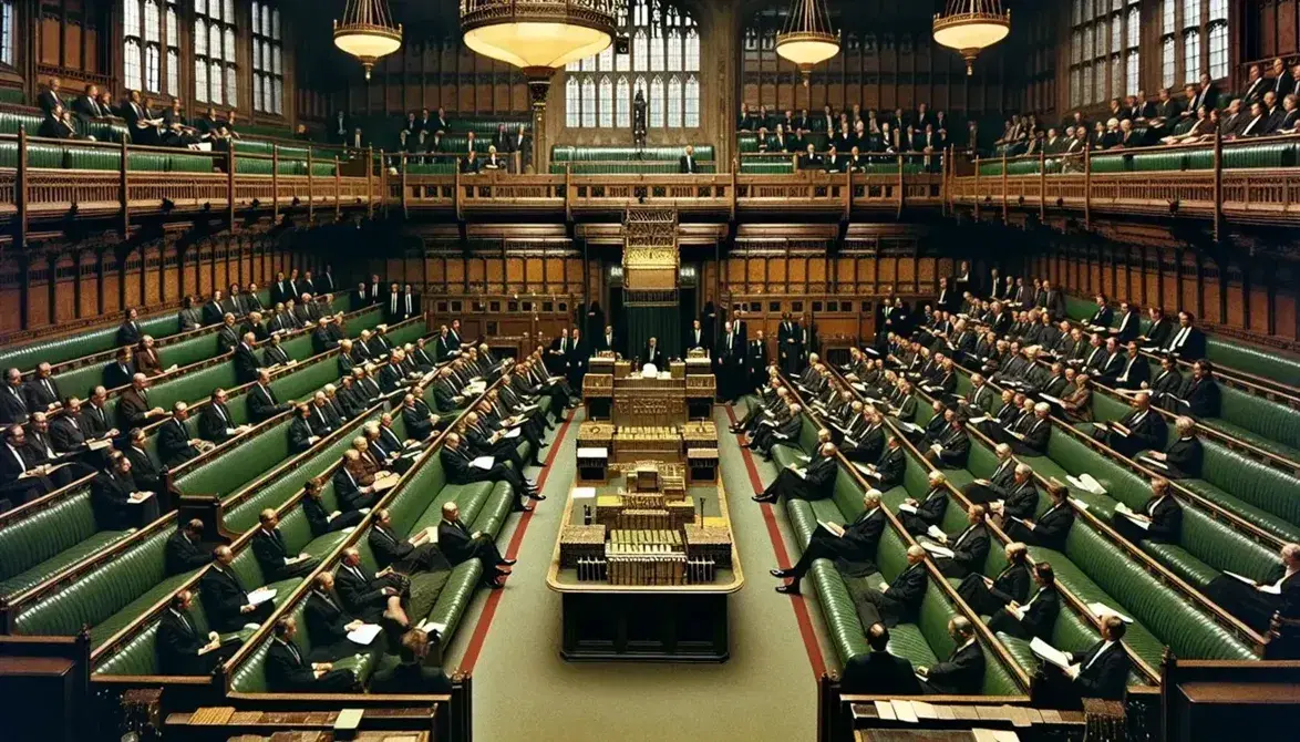 Historical British House of Commons session in the late 1960s with MPs in period attire, seated in green benches under a chandelier.