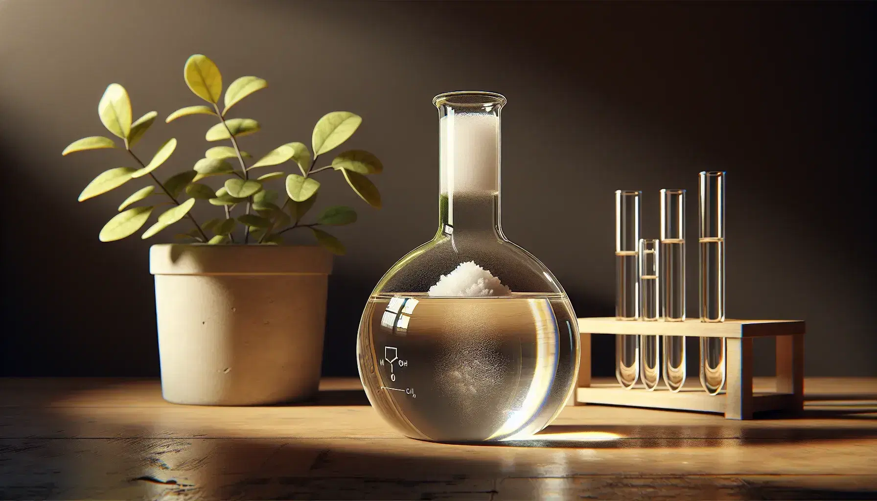 Glass flask with pale yellow liquid and crystalline solid, test tubes with colored solutions on laboratory bench, green plant blurred background.