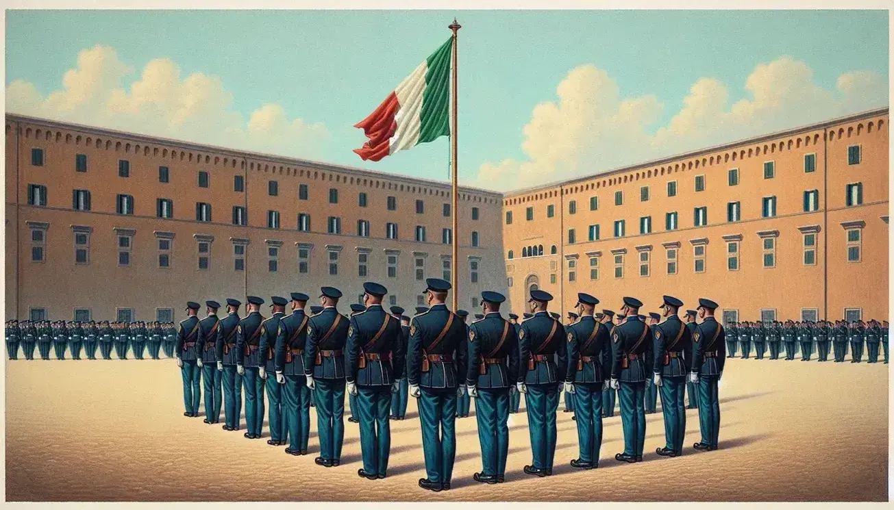 Gruppo di poliziotti in uniforme con giacche blu scuro e cappelli visiera neri in formazione, uno tiene la bandiera italiana davanti a una caserma.