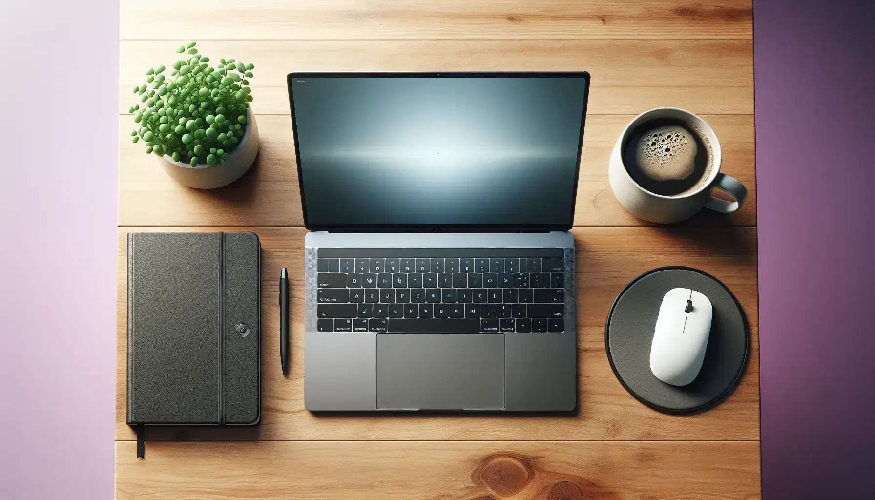 Wooden desk with open laptop, black mouse, blue notebook, coffee cup, green plant and black headphones, in a calm and organized environment.