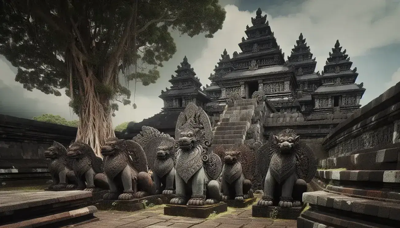 Southeast Asian medieval temple with Austronesian stone sculptures, weathered with moss, tiered pyramid architecture, and an intertwined ancient tree.