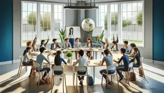 Aula luminosa con studenti multietnici attorno a un tavolo rotondo, partecipando attivamente a una discussione, con lavagne bianche e finestre ampie.