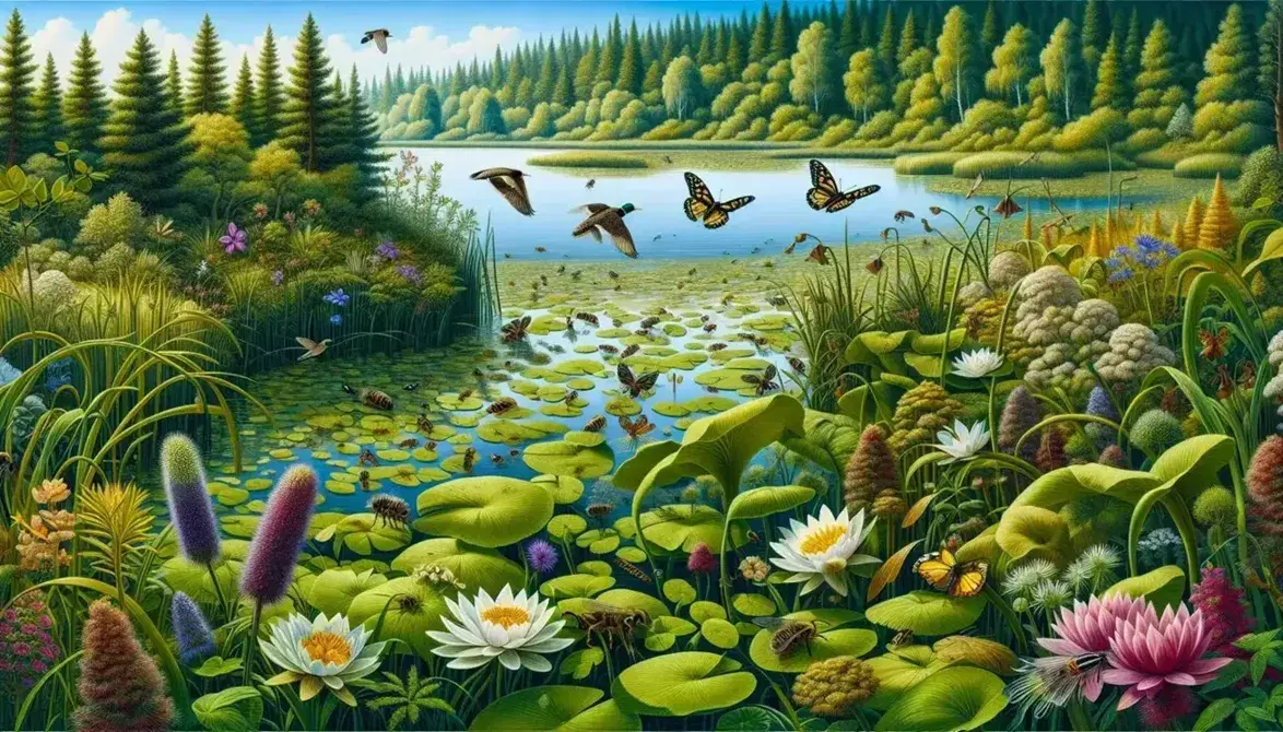 Paisaje natural con diversidad de plantas verdes y flores, insectos como mariposas y abejas, patos en un estanque con nenúfares y un bosque al fondo bajo un cielo azul.