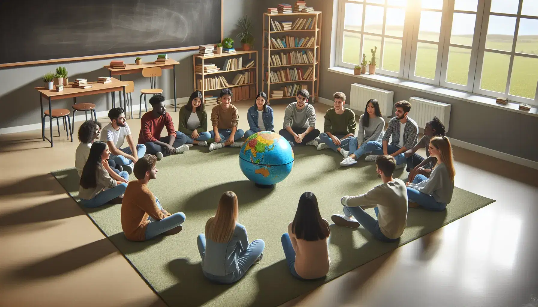 Grupo diverso de estudiantes sentados en círculo en el aula, interactuando con un globo terráqueo en el centro, con estanterías de libros y pizarra al fondo.