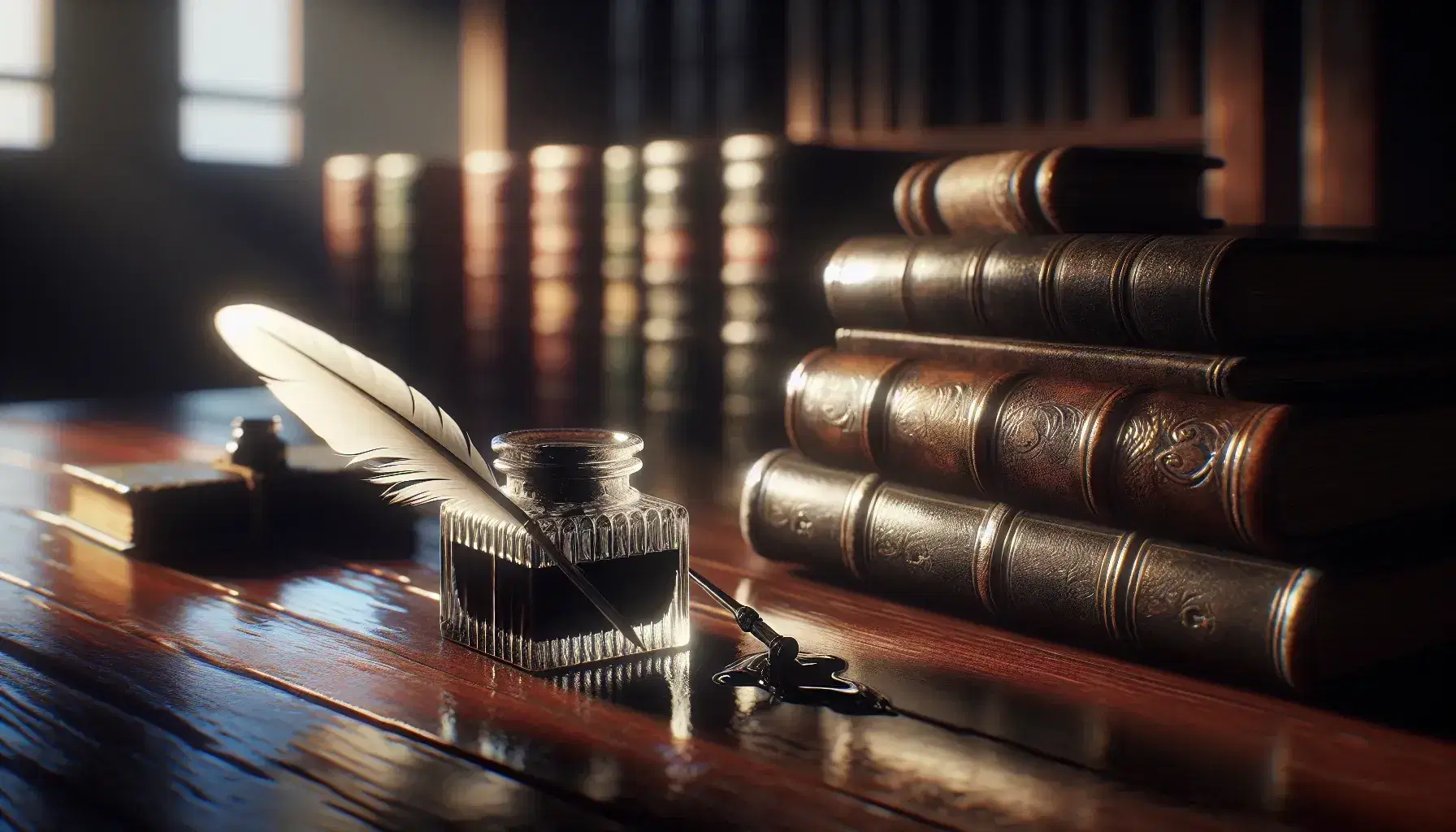 Scrivania antica in legno con calamaio di vetro e piuma d'oca, sfondo sfocato di libreria con libri rilegati.