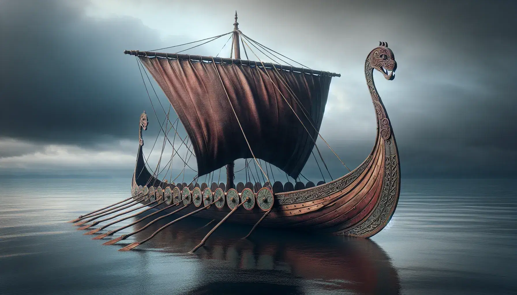 Viking longship on calm water with ornate dragon heads, a tall mast with a red sail, and rows of colored shields along the gunwales.