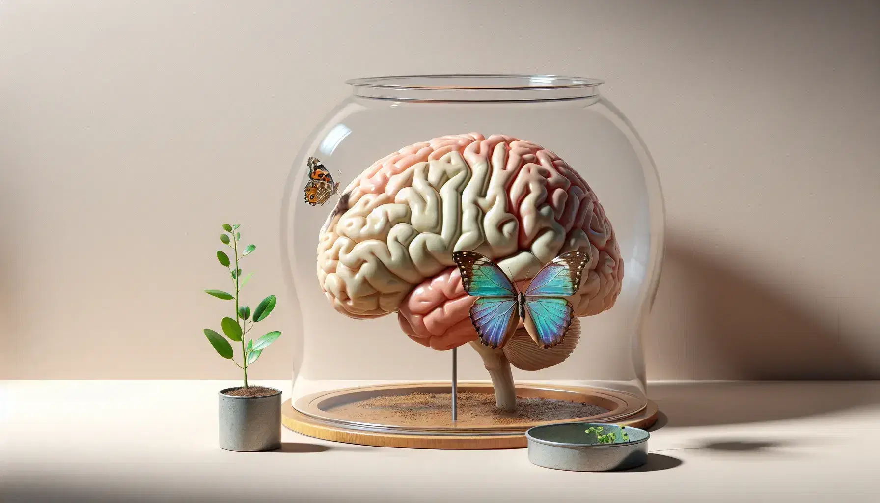 Detailed human brain model with visible left hemisphere, colorful butterfly in glass container and terracotta potted plant on light background.