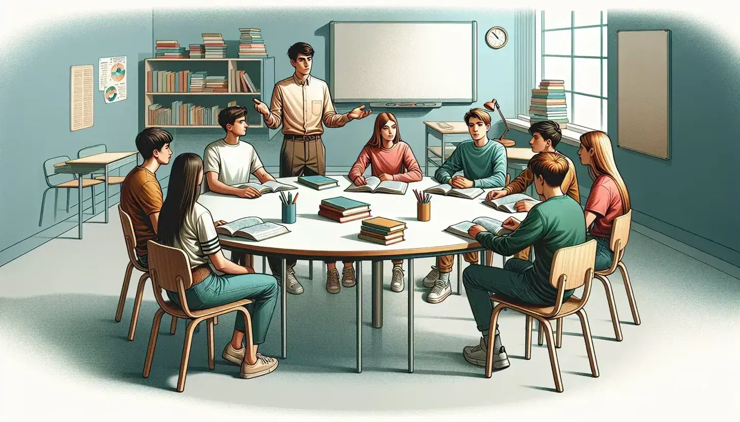 Teacher explaining to attentive students around a round table with open textbooks in a bright, natural light-filled classroom.