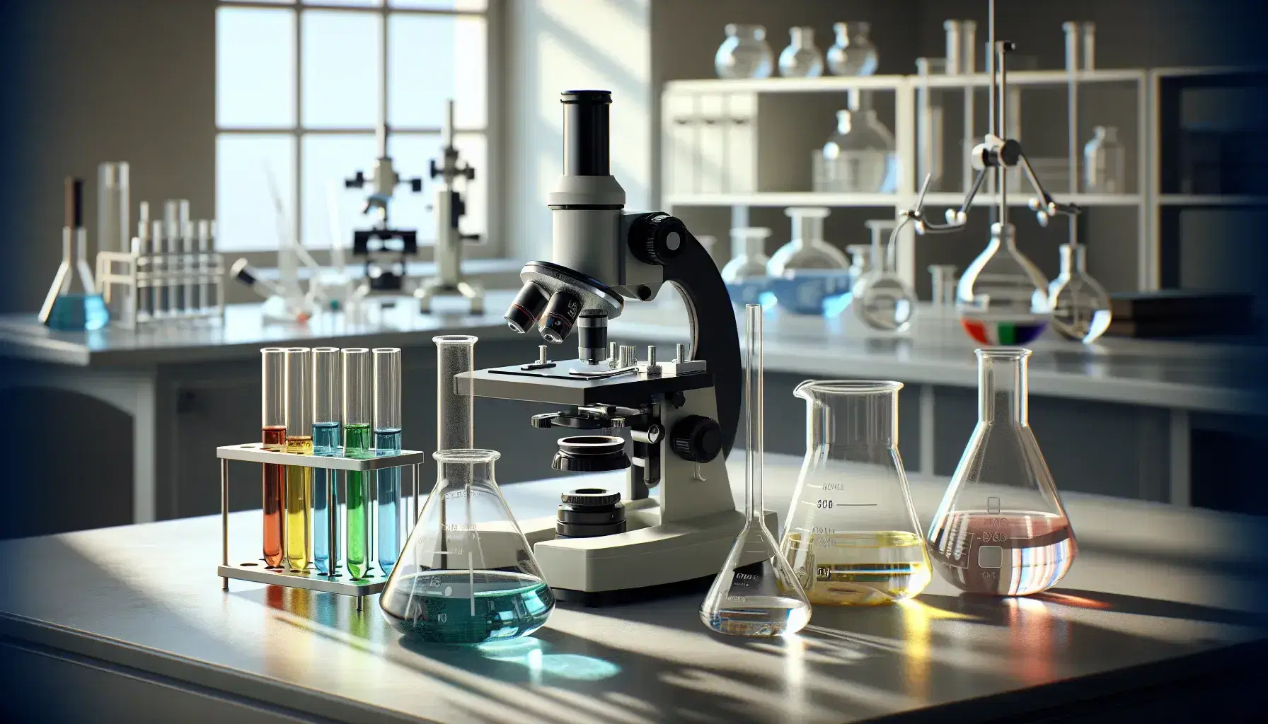 Laboratorio científico con microscopio, tubos de ensayo con líquidos de colores y material de vidrio sobre mesa iluminada.