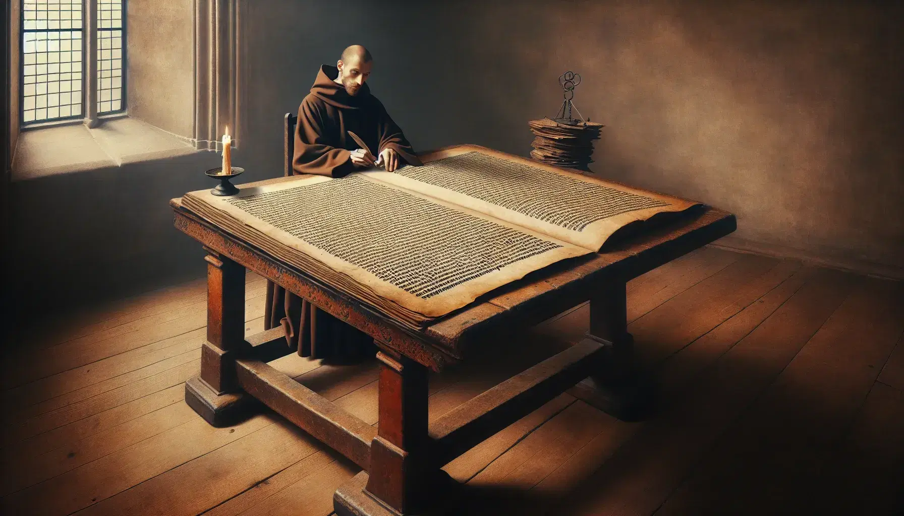 Medieval scriptorium with a monk copying a manuscript at a wooden table, inkpot and candle on the sides, in a stone-walled room with an arched window.