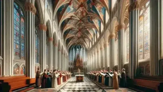 Interno di cattedrale rinascimentale con colonne in marmo, vetrate colorate, coro in abiti d'epoca e altare con crocifisso.