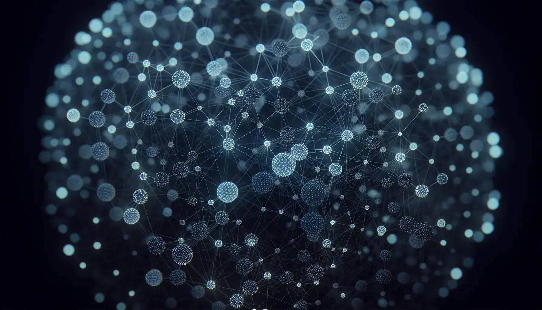 Intricate network of interconnected nodes with bright spheres in shades of blue and thin lines on dark background, symbolizing digital connectivity.