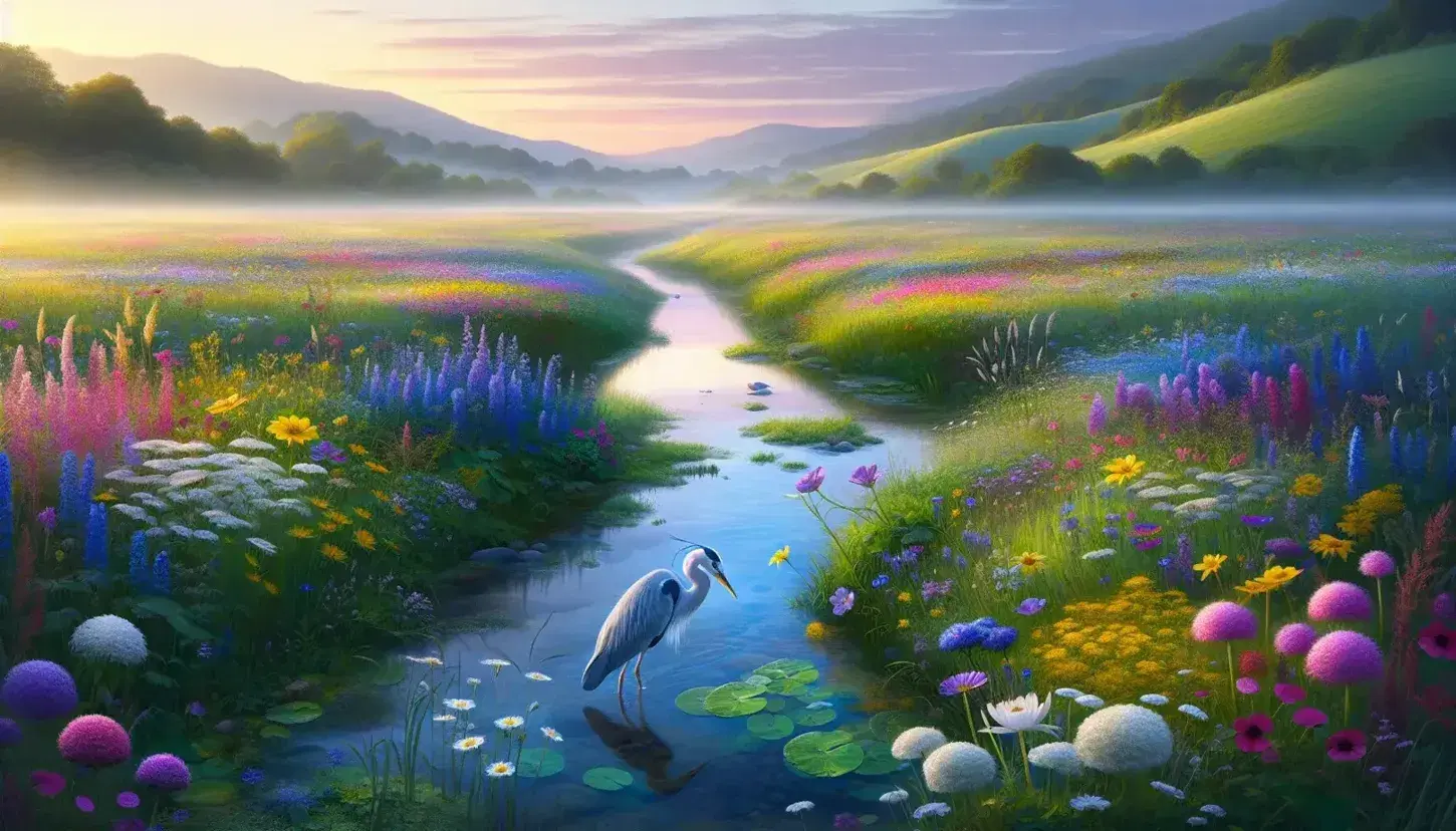 Serene dawn landscape with a vibrant meadow of wildflowers, a heron by a reflective stream, and misty hills under a pastel sunrise sky.