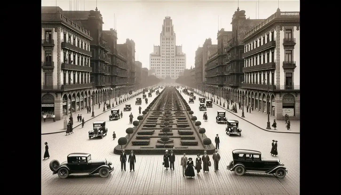 Escena urbana de la Ciudad de México en los años 40 con coches de época estacionados, edificios art-deco y neocoloniales, y una plaza pública con jardín.