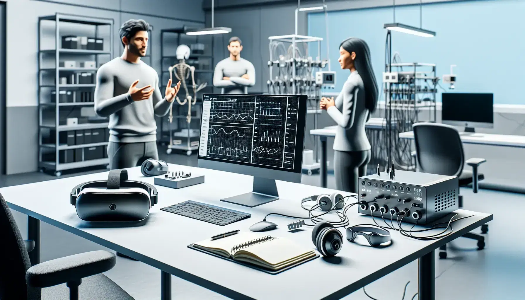 Laboratory with modern computer displaying graphs, notebook with pen, and researchers discussing near auditory testing headphones and VR headset.