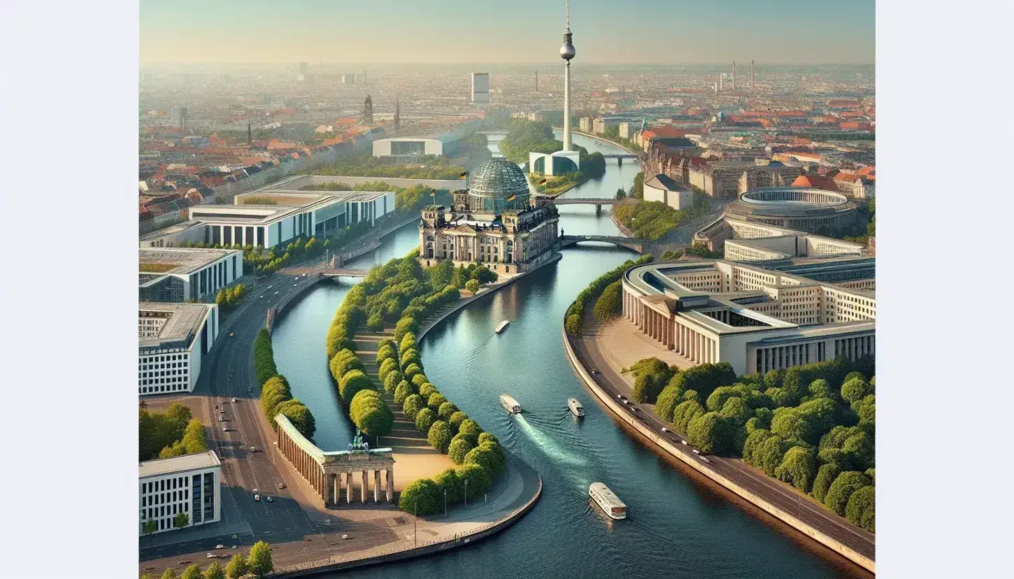 Veduta aerea di Berlino con il fiume Sprea, il Reichstag, la Porta di Brandeburgo e la Fernsehturm in una giornata limpida.