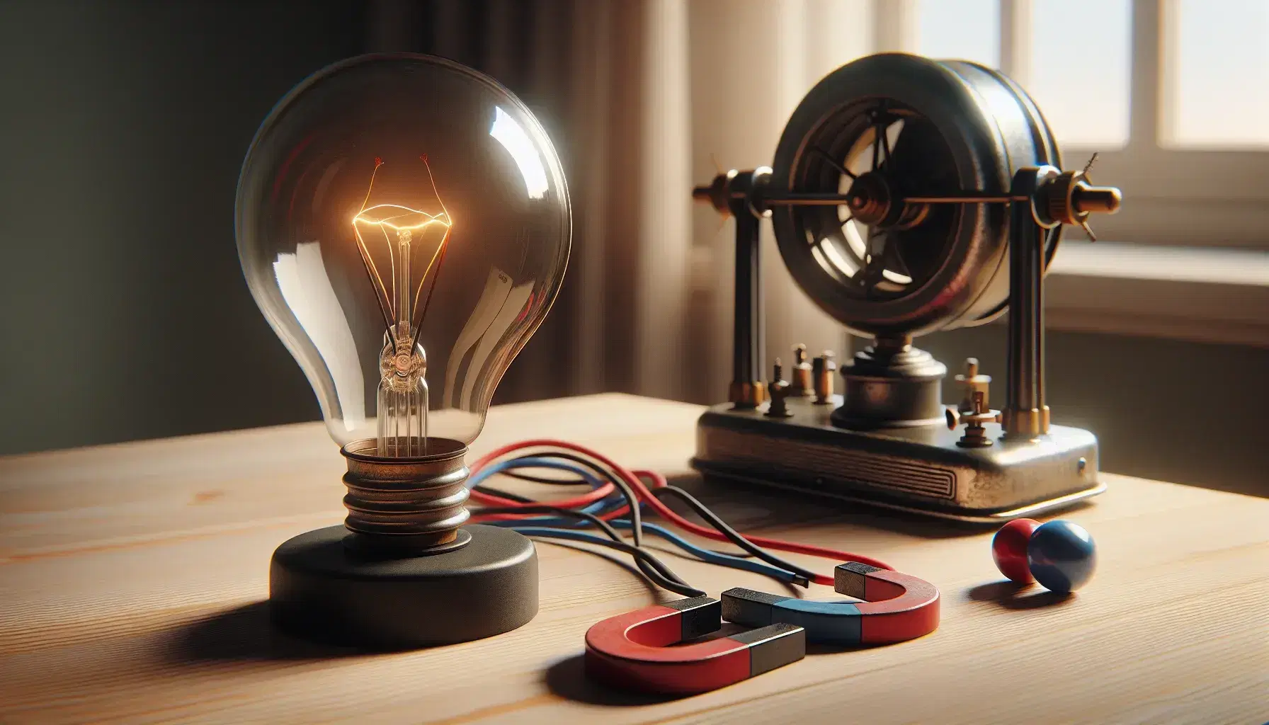 Lampadina a incandescenza spenta collegata a fili elettrici, bussola e magnete a barra su tavolo in legno chiaro con generatore manuale sfocato sullo sfondo.