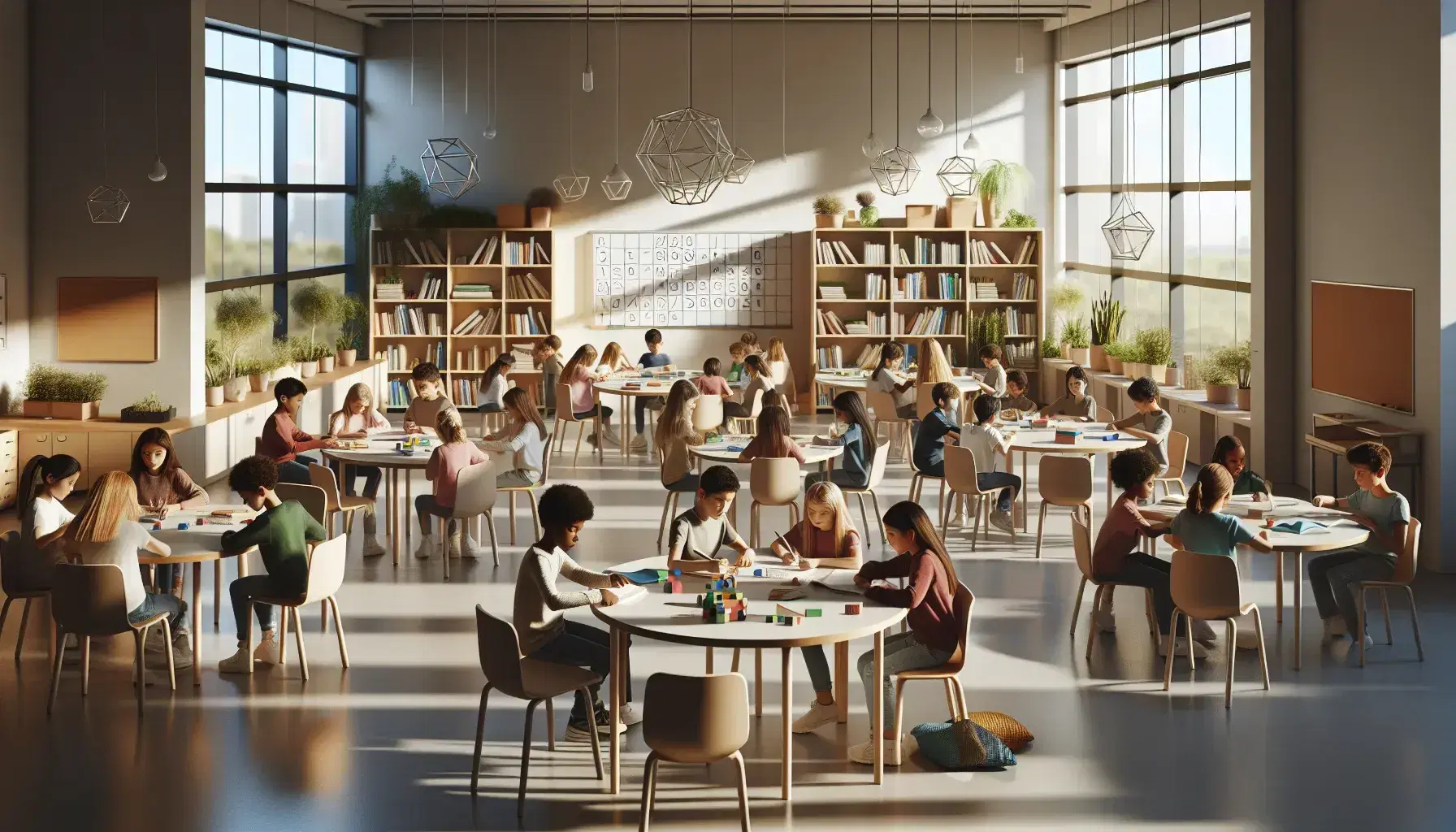 Aula escolar iluminada con luz natural, mesas redondas con estudiantes diversos enfocados en sus tareas, pizarra blanca y estantes con libros al fondo, plantas verdes en una esquina.