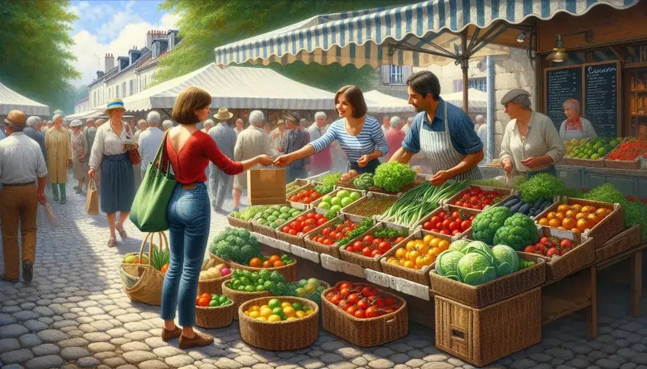 Bustling French outdoor market with vendor in blue and white apron handing fresh produce to woman in red top, amid colorful fruit and vegetable stalls.