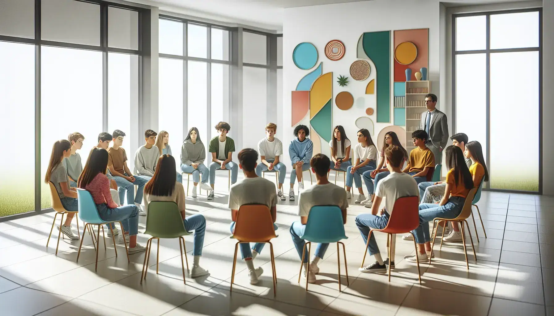 Modern, bright classroom with teenagers of different ethnicities sitting in a circle, engaged in an active discussion, with an observant facilitator.