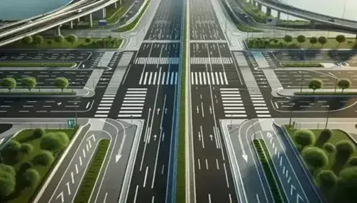 Vista aerea di una strada asfaltata con segnaletica orizzontale e longitudinale bianca, area di parcheggio e vegetazione ai lati, sotto un cielo sereno.