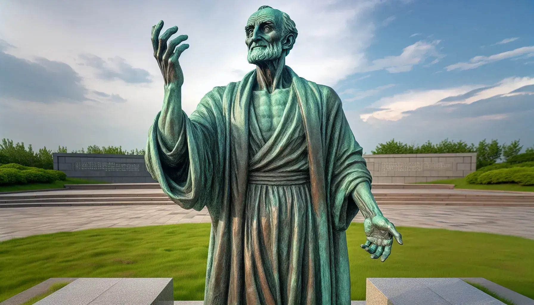 Statua in bronzo di uomo anziano sorridente con braccio destro alzato in gesto di saluto, su piedistallo grigio in parco tranquillo.