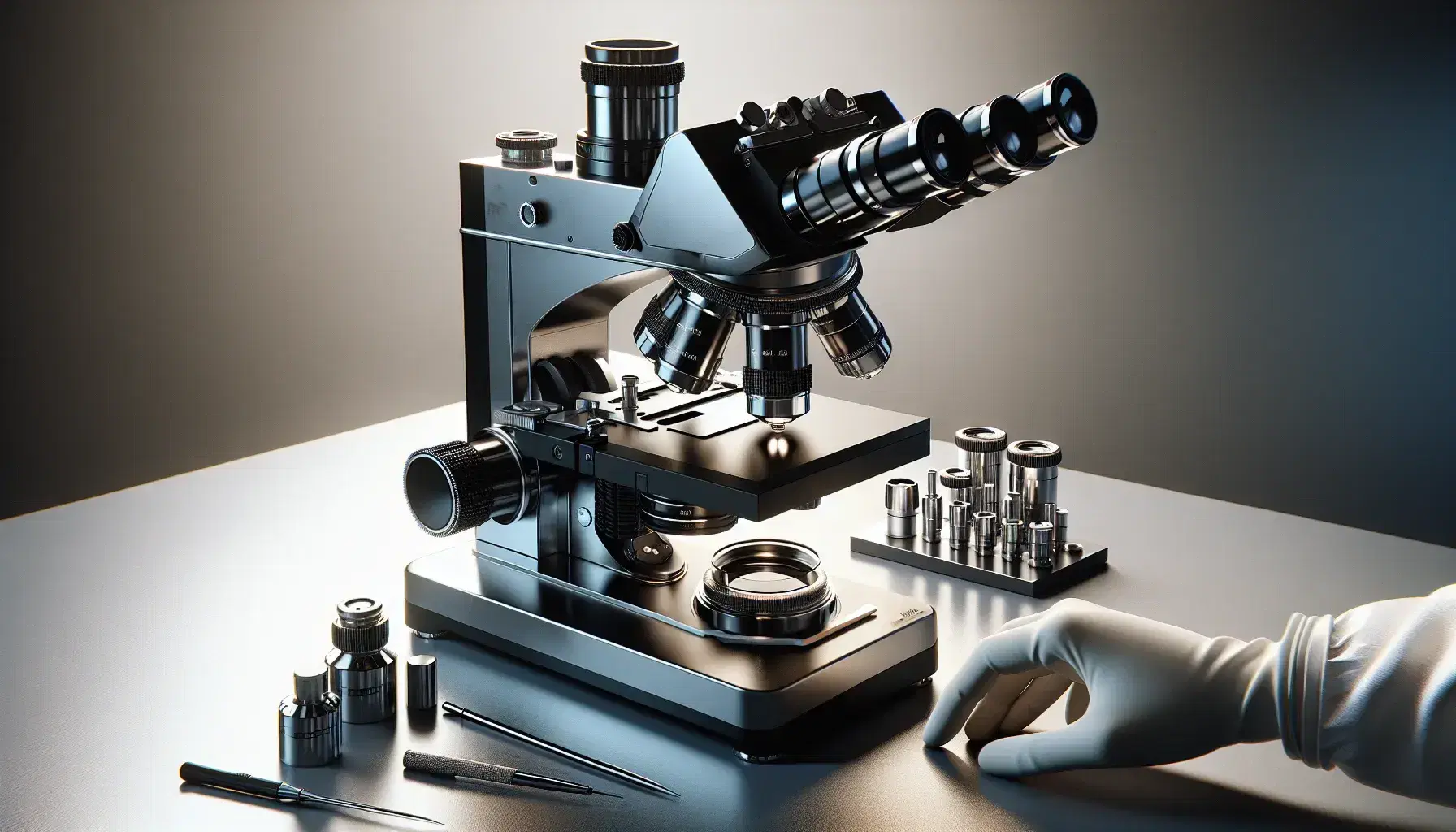 Microscopio óptico compuesto en laboratorio con base metálica, tubo óptico negro, revolver con tres objetivos y etapa con pinzas, ajustado por mano enguantada.