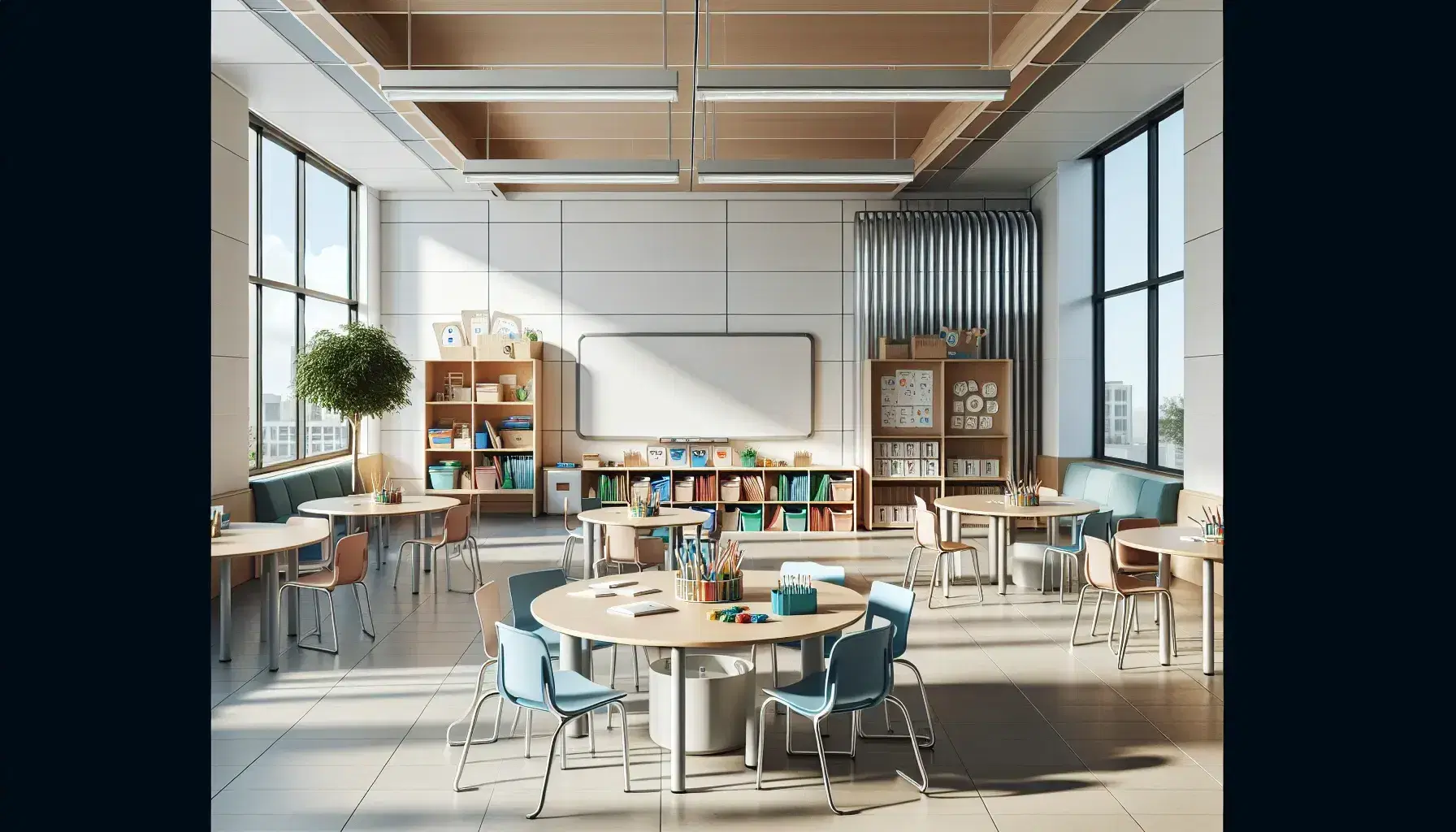 Aula espaciosa y luminosa con mesas redondas para trabajo en grupo, sillas azules, pizarra blanca, estantería con libros y materiales educativos, y planta verde.
