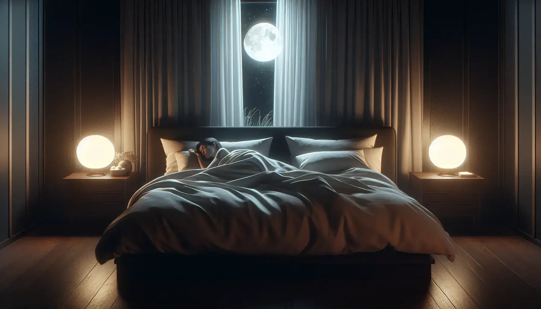 Serene night bedroom with large bed, white duvet, fluffy pillows, bedside tables with lamps, sleeping person and window with starry view.