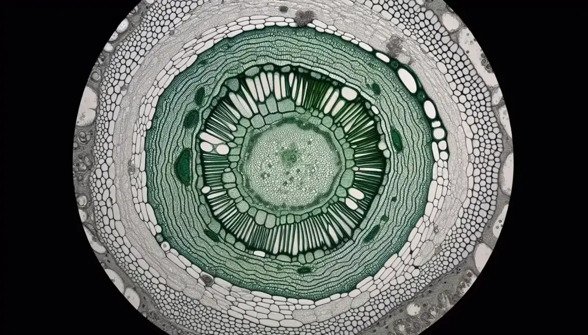 Sección microscópica transversal de la pared celular de una planta mostrando capas concéntricas y la matriz estructurada en tonos de verde.