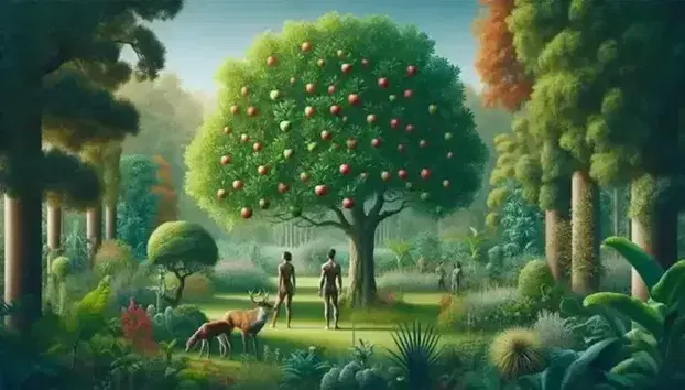 Jardín frondoso con árbol grande de frutos rojos y pareja de personas observando, animal cuadrúpedo a la izquierda y cielo azul despejado.