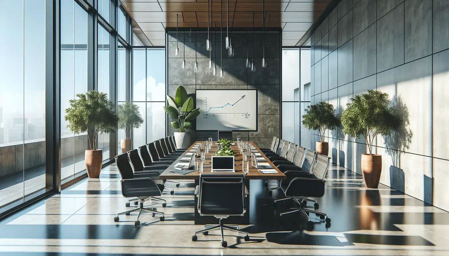 Sala de reuniones moderna con mesa rectangular de madera, sillas ergonómicas negras, laptops, libretas y ventanal con vista al cielo azul.