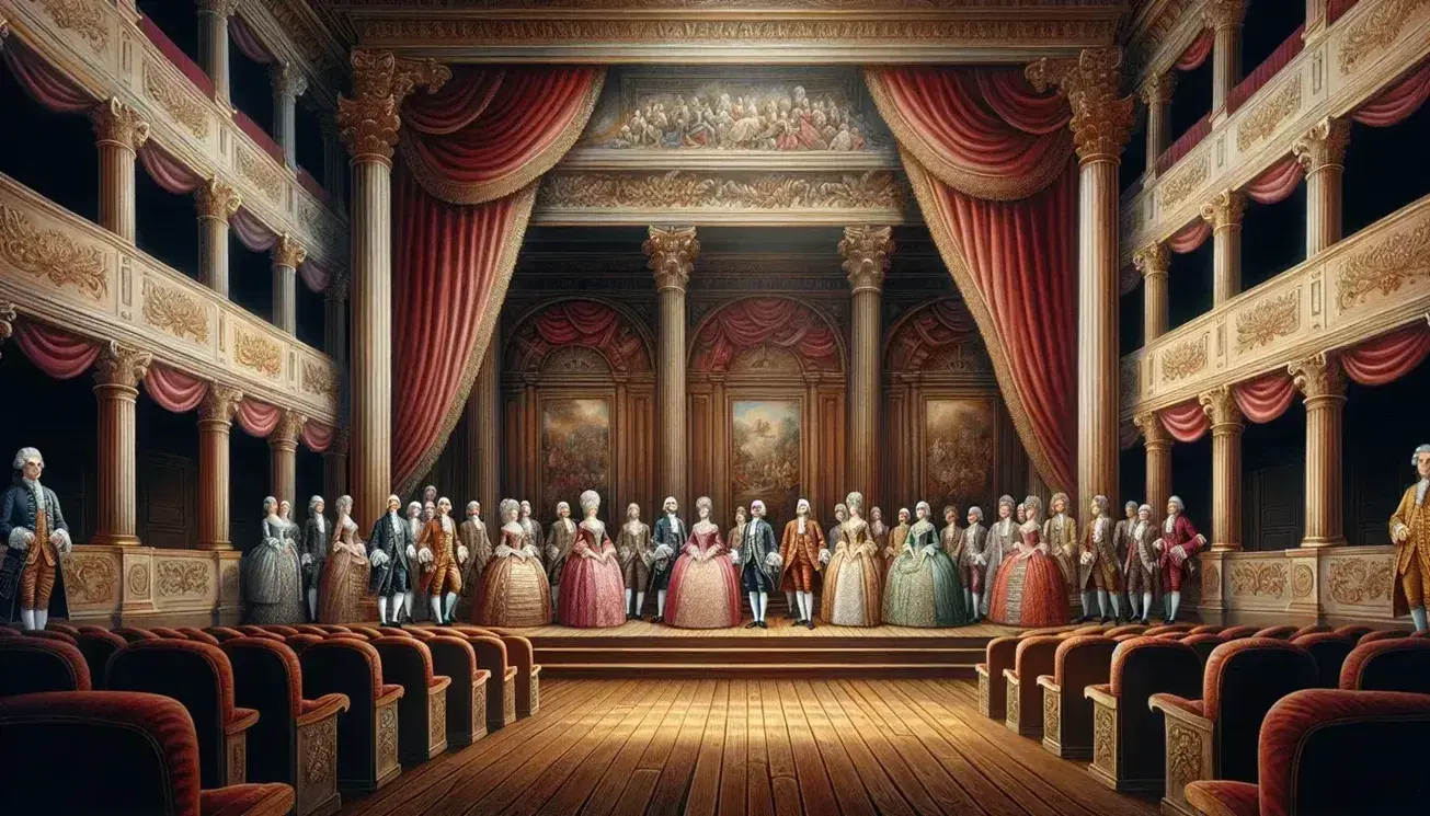 Escenario teatral del siglo XVIII con actores en vestuario de época, cortinas rojas y columnas corintias, iluminado por candelabro y lámparas de aceite.