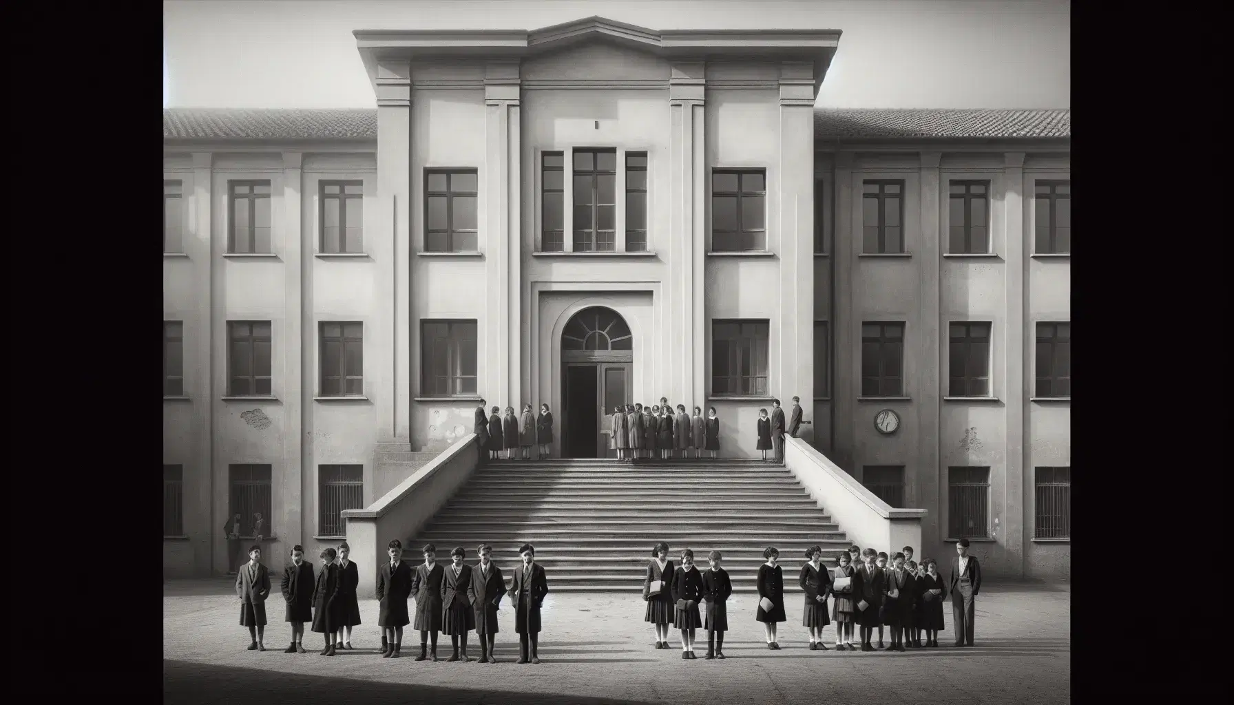 Scuola italiana anni '30 in stile Razionalista, con studenti in uniforme su scalinata, senza segni distintivi.