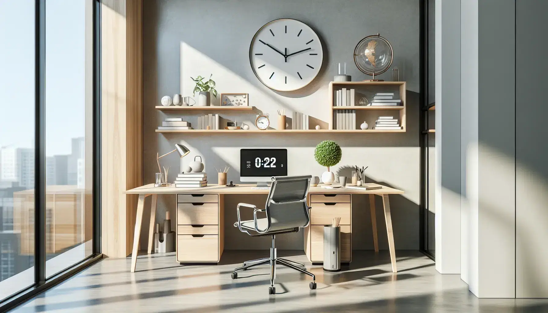 Ufficio moderno e luminoso con scrivania chiara, laptop, pianta, sedie design blu, scaffali con libri e orologio a parete.